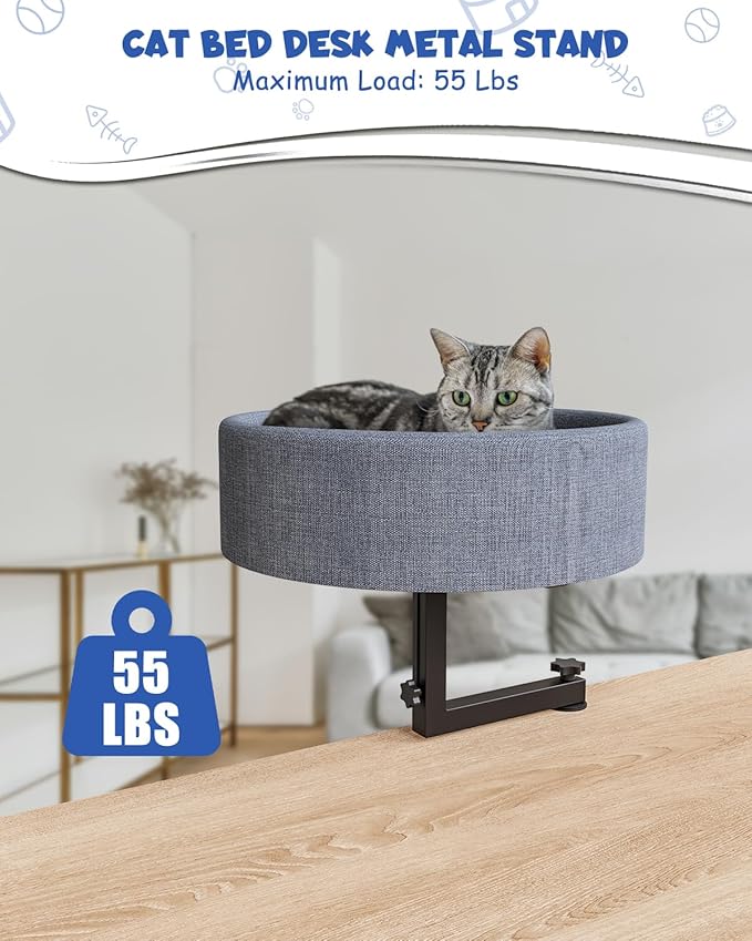 Cat Desk Bed, 360° Rotating Elevated Desk Cat Bed, Adjustable Desk Kitten Bed Up to 55 LBS, Washable Soft Fabric Pet Desks Nest Beds, Modern Indoor Cat Nest Furniture for Home, Office, Study and Room