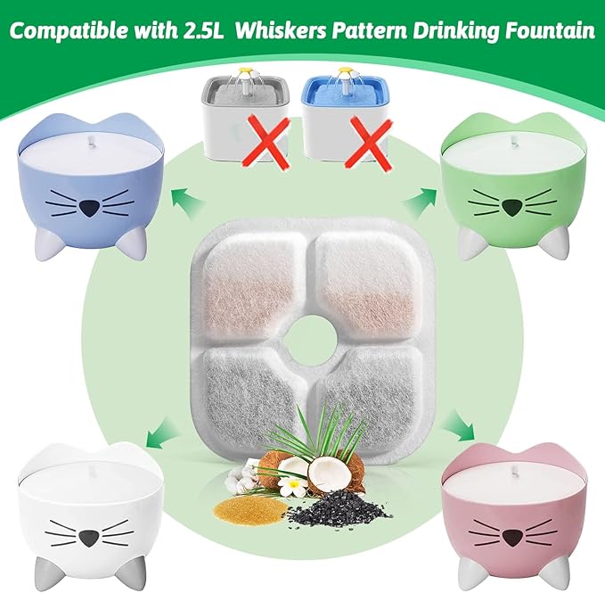 Cat Water Fountain Replacement Filters Fit for 2.5L Fountain with Whiskers Pattern Triple Action Water Pet Cat Drinking Fountain Filter Pack of 16