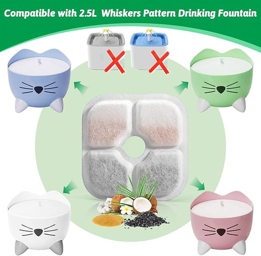 Cat Water Fountain Replacement Filters Fit for 2.5L Fountain with Whiskers Pattern Triple Action Water Pet Cat Drinking Fountain Filter Pack of 16
