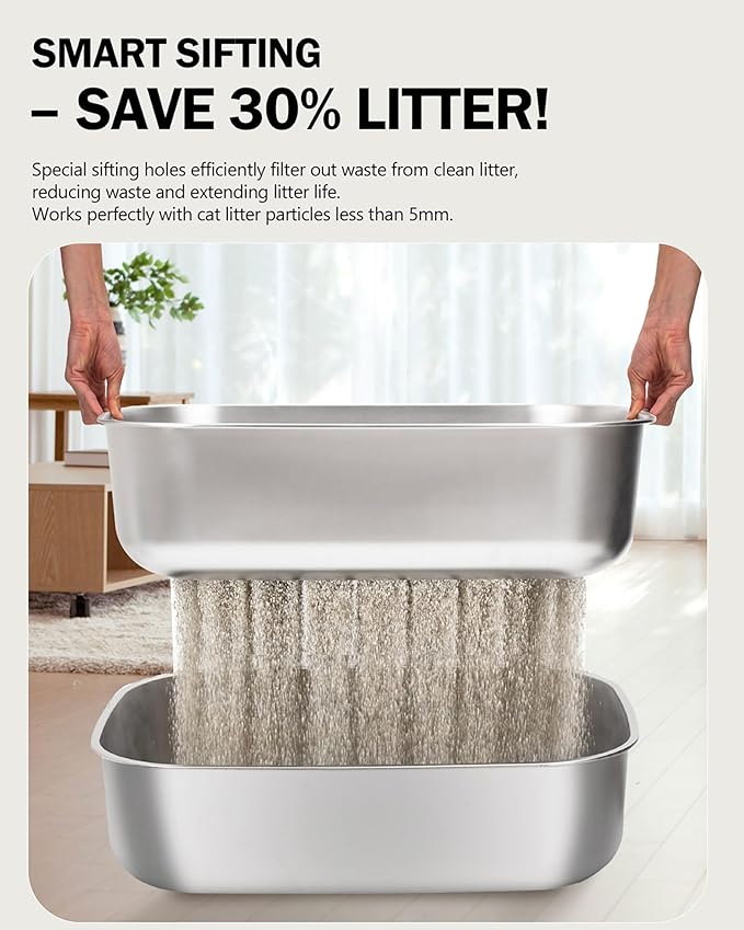 Stainless Steel Sifting Litter Box with Lid, Metal Litter Pan with Scoop for Big Cats Multi Cat, Extra Large Cats Litterbox Odor Control Easy Clean