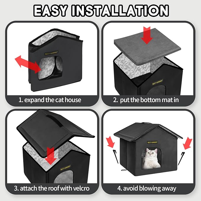 Rest-Eazzzy Cat House for Outdoor Cats, Weatherproof and Insulated Feral Cat House with Mat and Clip, Easy to Put Together, Selfwarming Cat Shelter for Winter, Never Blow Away (Black, House X 2)