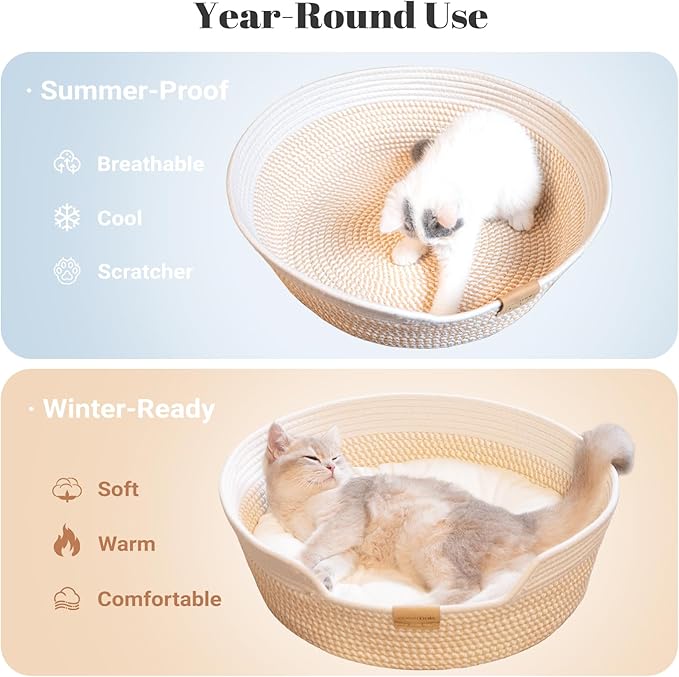 Cat Bed Basket with Cushion, Cute Pet Bed for Indoor Cats Couch, Kitten Bed for Medium and Large Cat, All Season Universal (White)