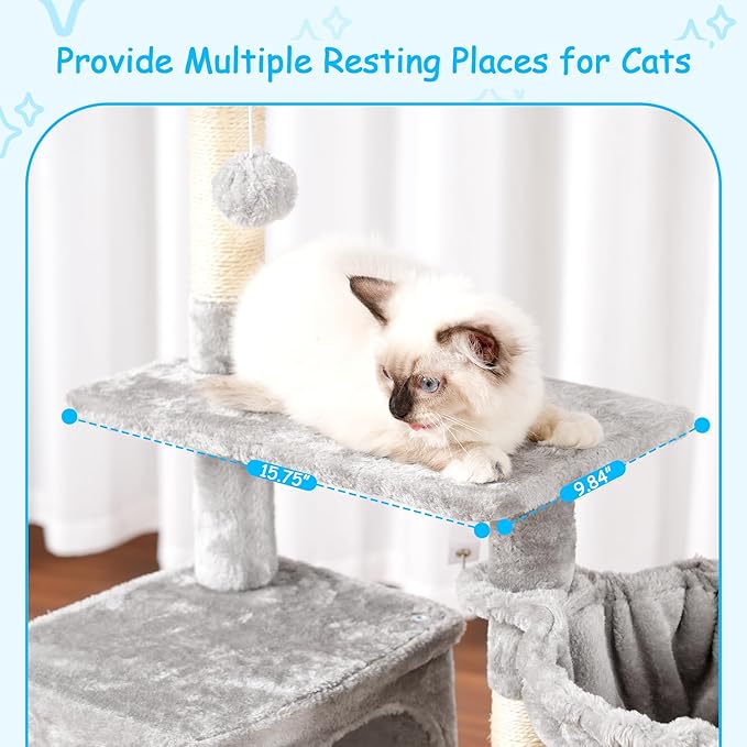 Hey-brother Cat Tree, 42.5-Inches Cat Tower for Indoor Cats, Plush Multi-Level Kitten Cat Condo with Scratching Post,Ramp, Basket, Spacious Cat Cave, Hanging Ball, Light Gray MPJ007SW