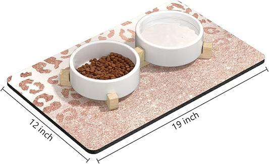Rnivvi Dog Food Mat, 12" x 19" Leopard Absorbent Dog Cat Bowl Mat for Food and Water, Cute Anti-Slip Rubber Pet Feeding Rug Protect Floors, Puppy Placemat for Feeding & Watering Supplies, Rose