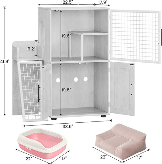 Cat Litter Box Furniture, Modern Cat Cabinet with Side Door, Double Layer Hidden Litter Box Enclosure & Pet House, Villa Style Cabinet with Side Door and Ladder for Indoor Cats