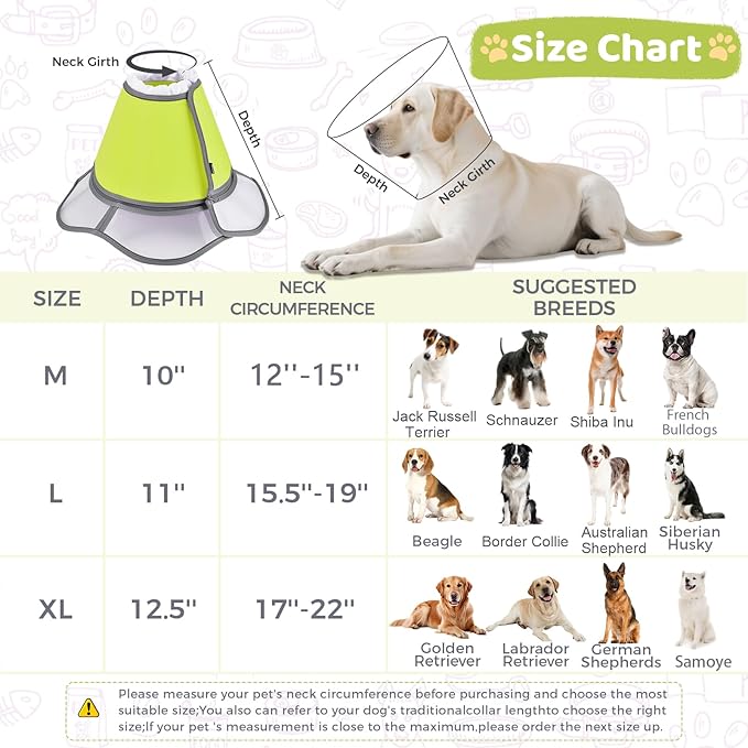 Soft Dog Cone Collar After Surgery Recovery,Adjustable E-Collar with Removable Shield,Lightweight,Breathable Anti-Licking Protective Cone for Large,Medium,Small Pets (Neon Green, L (Neck:15.5''-19''))