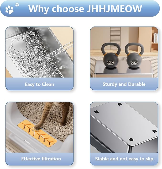 Stainless Steel Sifting Cat Litter Box with Lid,XL Metal Sifting Litter Box for Pine Pellets,High Sides Metal Litter Box System for Big Cats,Anti-Leakage,Easy Clean