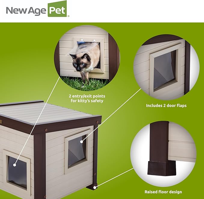 New Age Pet® ECOFLEX® Albany Outdoor Feral Cat House for Multiple Cats with Quick & Easy Assembly, 2 Vinyl Door Flaps Included, Moisture and Odor Resistant