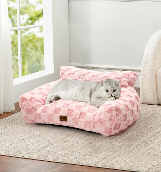 Made4Pets Cat Couch Bed, Soft Faux Fur Checkered Pet Sofa, Calming Fluffy Cat Sofa with Supportive Foam, Removable Washable Cover with Non-Slip Base, Pink, Small