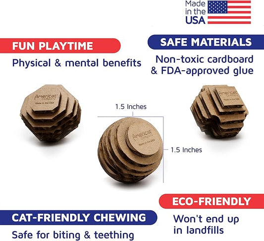 Cat Ball Toys by Americat – Made in USA – Safe Cardboard Cat Toys – for Interactive and Independent Play, Exercise & Stress Relief for All Breeds & Ages (Variety Pack of 3 Balls)