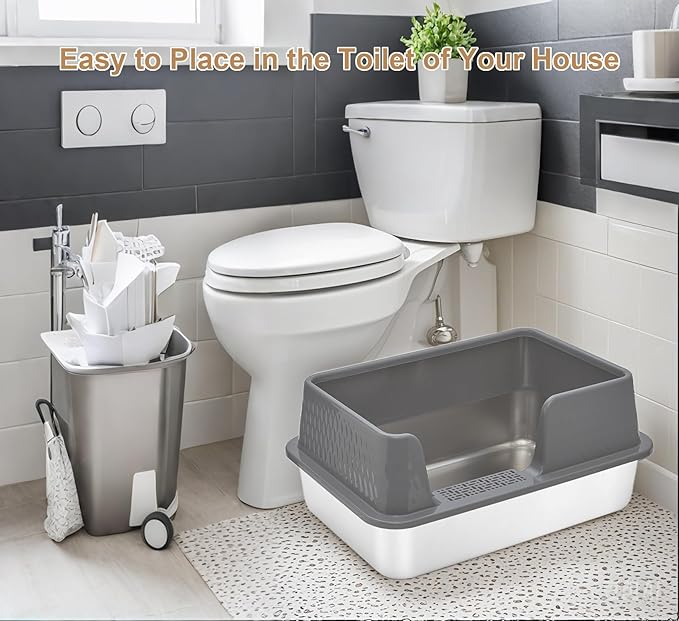 Enclosed Stainless Steel Cat Litter Box with Lid Medium Litter Box for Kitten Metal Litter Pan Tray with High Sides Scoop & Litter Mat Inside, Non-Sticky, Anti Leakage, Easy Cleaning (Gray, M)