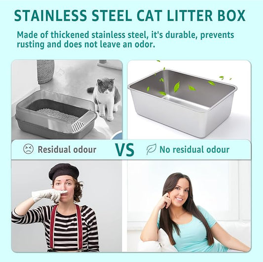 Large Stainless Steel Cat Litter Box-Metal Litter Box for Cats, High Sided Metal Litters Boxes, No Smell, Non Stick, Easy Clean, Odor Proof, Indoor Outdoor