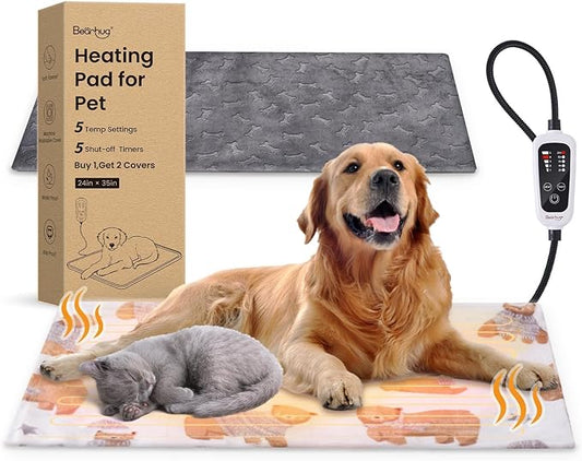 Bearhug Dog Heating Pad, Pet Heating Pad 35"×24"[Two Replaceable Cover] Adjustable Temperature Heated Cat Bed with Steel-Wrapped Cord, Waterproof and Chew-Resistant for Dogs Cats Large Animals