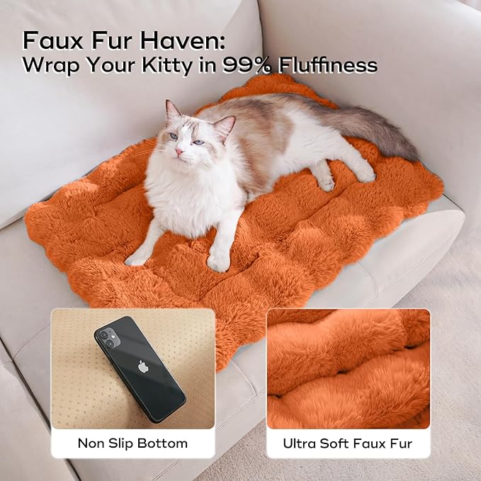 Cat Beds for Indoor Cats Faux Fur Pet Mat Cute Kitten Plush Bed with Non-Slip Bottom for Carriers/Couch Dog & Puppy Friendly 35 x 27 Inch Orange