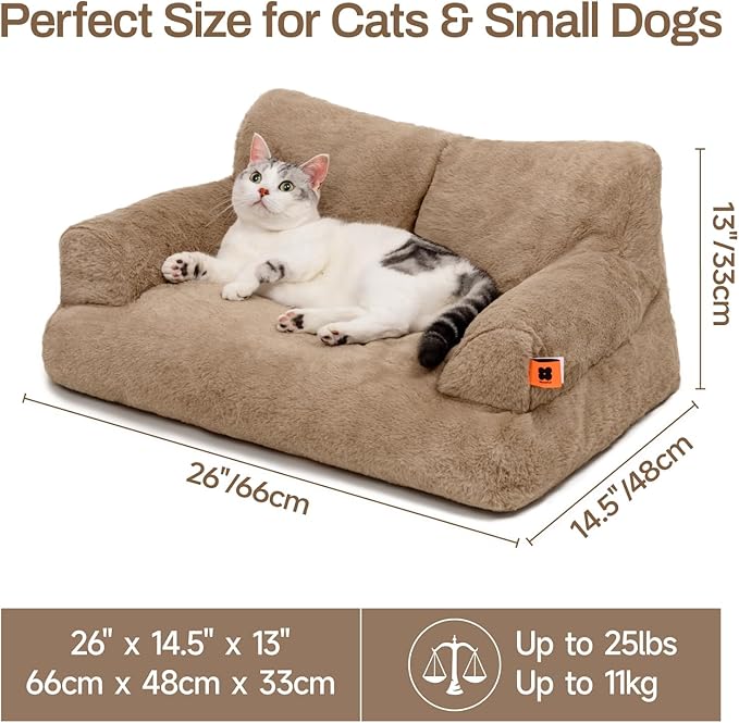 MEWOOFUN Dog Couch, Supportive Small Dog Bed for Puppy and Cats with Removable Washable Cover, Fluffy Cat Couch with Non-Slip Bottom (Camel, 26.0" L X 19.0" W X 13.0" Th)
