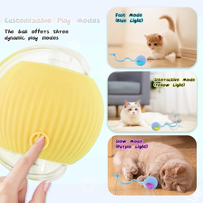 Automatic Rollie Cat Chase Ball Toy - Smart Interactive Pet Toy with 360° Rotating Motion, Rechargeable & Auto-Rolling Electric Ball for Indoor Cats/Dogs - Boredom Relief, Exercise (Yellow)