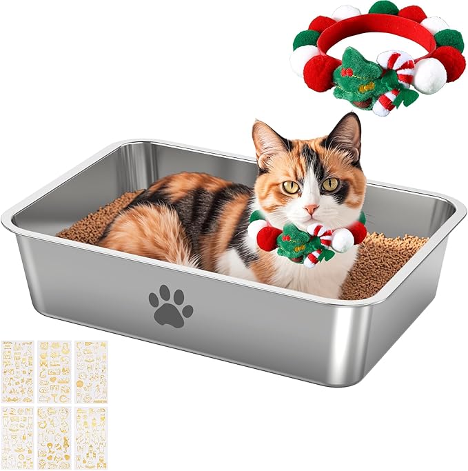 Stainless Steel Cat Litter Box,Metal Kitten Litter Pan, High Side Cats Toilet Indoor Litter Tray Pet Toilet Supplies for Cats, Kitty,Rabbits, Easy Clean, Non Stick Litter Box, No Smell (X-Large)
