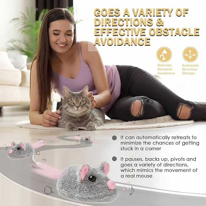 Cat Toys Squeaky Rechargeable Moving Mouse with Dynamic Magic Tail, Automatic Self Play Mouse Interactive Cat Toy for Indoor Cats, Electric Motion Activated Mice Toys for Kitten(Gray)
