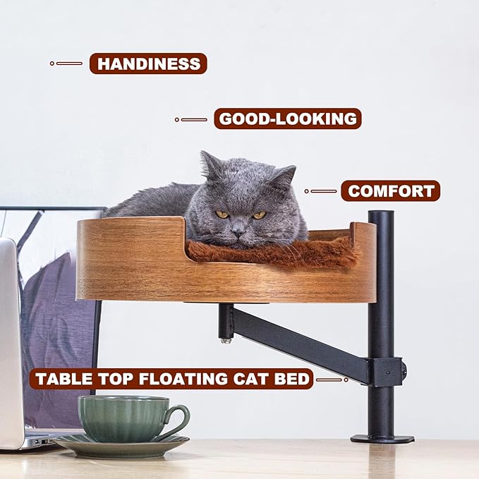 Cat Bed Desk with Pet Mat, Cat Hammock for Desk, Cat Bed Desk with Wooden Bowl, 360° Rotation and Adjustable Height, Coffee