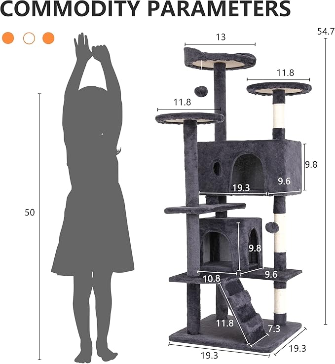 BestPet | 54" Cat Tree Tower | Ashy | Sturdy, Easy to Assemble, Multi-Level Activity Center with Sisal Scratching Posts, Condos, Perches, Hanging Cat Toys, Observation Decks & Ladder