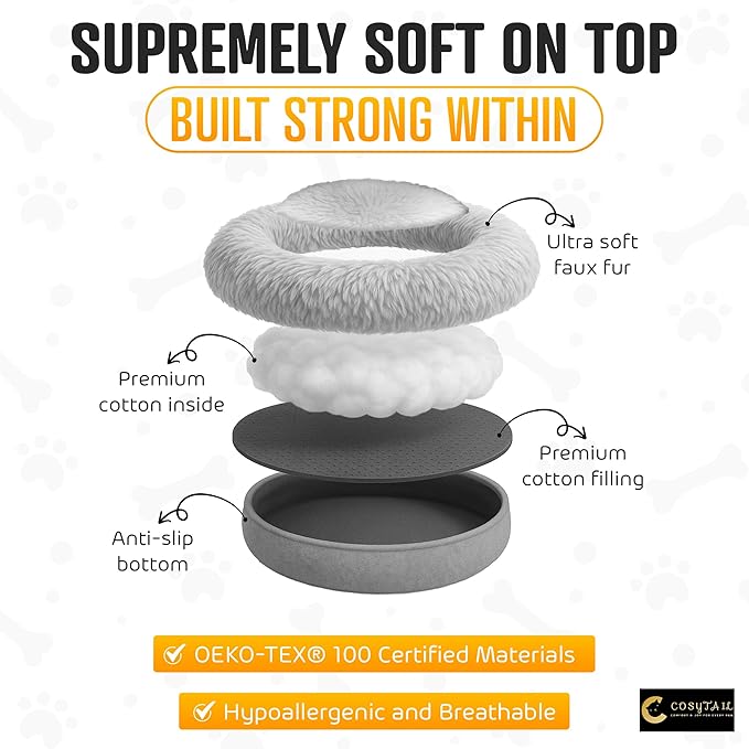 Anti-Anxiety Donut Pet Bed, Round Plush Faux Fur, Washable, Small to Medium Dogs and Cats (Grey, Large)