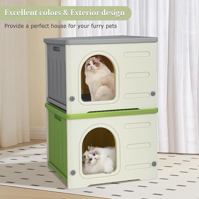 Deblue Plastic Cat House for Indoor Outdoor, Weatherproof Outdoor Cat House for Feral Cats, Unique Outside Cat Shelter for Small Pet, Easy to Assemble and Clean, Large Space - Green