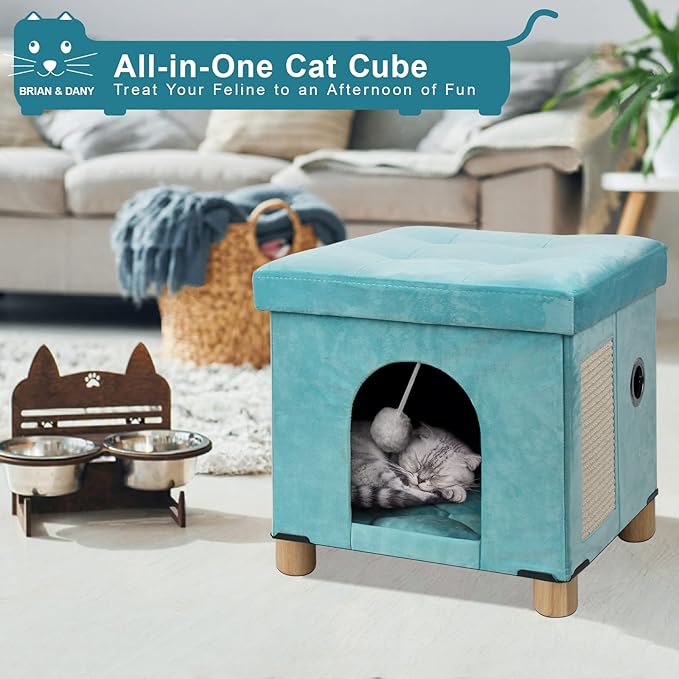 BRIAN & DANY Cat House for Indoor Cats, Cat Cave Bed for Pet, Cat Cube with Cat Scratch Board & Cat Ball, 14.7" x 14.1” x 12.7”, Green