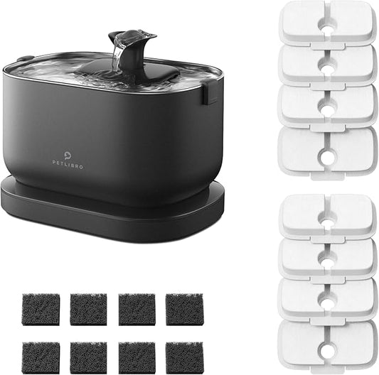 Bundle of PETLIBRO Cat Water Fountain, Cordless Pet Water Fountain Battery Operated+8 Packs Replacement Filters for Dockstream Cat Water Fountain WF005 WF115 WF105, 4 Months Set of Replacement Filters