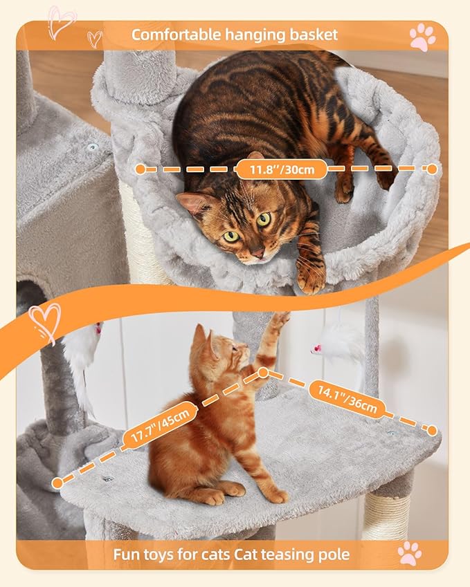 Taoqimiao MS032W 83In Cat Tree for Indoor Cats Large Adult, XXL-Cat Tower, Suitable 20lb+ Heavy Duty Large Cats, 2 Luxurious Cat Cando with 8 Scratching Posts,Oversized Metal Hammocks,Light Gray