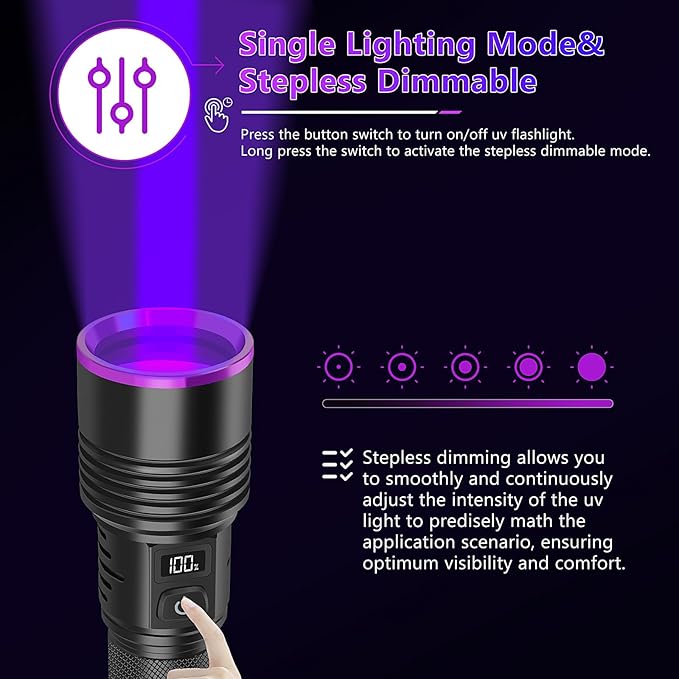 WINDFIRE UV Flashlight 365nm Black Light, Rechargeable Blacklight Flashlights with LCD Display, Powerful Ultraviolet Lights for Pet Urine Detection, Scorpions, Resin Curing, Uranium Glass, AC Leak