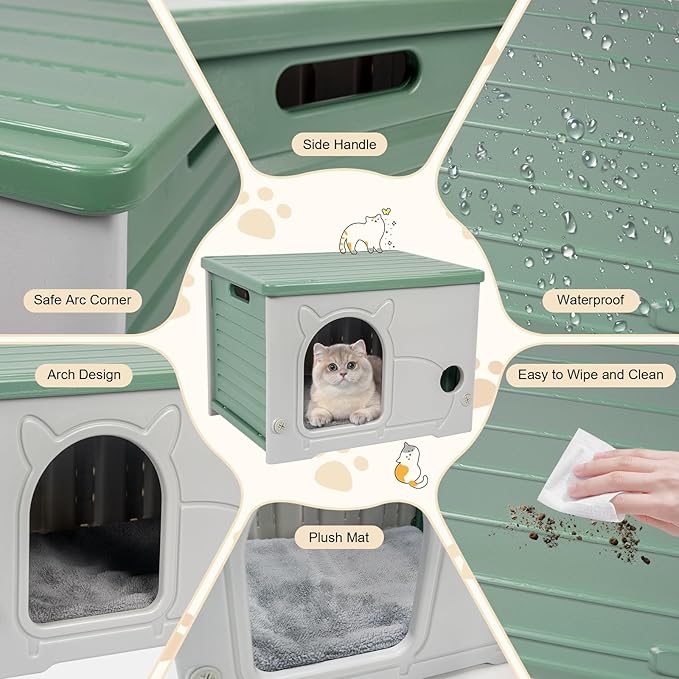 Heated Cat House, Cat Shelter Indoor, Weatherproof Waterproof Plastic Stackable Cat House for Winter with Heating Mat(Green