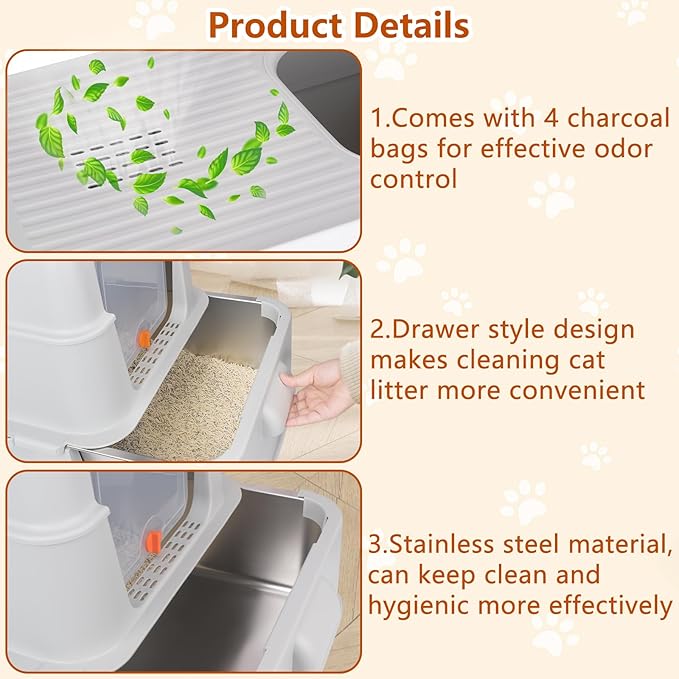 Enclosed Stainless Steel Cat Litter Boxes,Top Entry Large Foldable Litter Box with Lid,Hooded Covered Stainless Steel Cat Litter Box,Easy Cleaning,No Urine Leakage,Deeper Pan,with Litter Mat