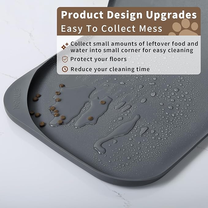 Silicone Pet Feeding Mat with Raised Edge & Residue Collection Pocket for Food and Water, Dog Bowl Mats, Cat Bowls Placemat with High Lip for Floor Waterproof, 24 x 16 x 0.8 Grey