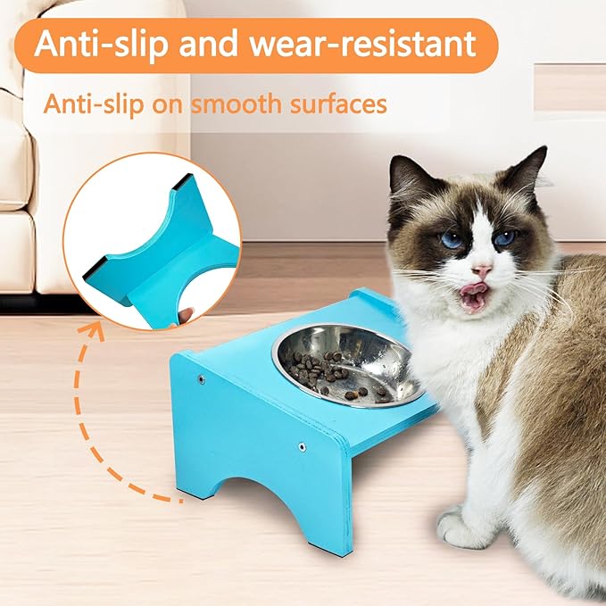 Elevated Cat Bowls,2 Stainless Steel Pet Food Water Feeder,15°Tilted Raised Pet Dish, Slanted Dog Bowl with Wood Stand for Kitty and Puppy,Wide 5.51" (Pink)