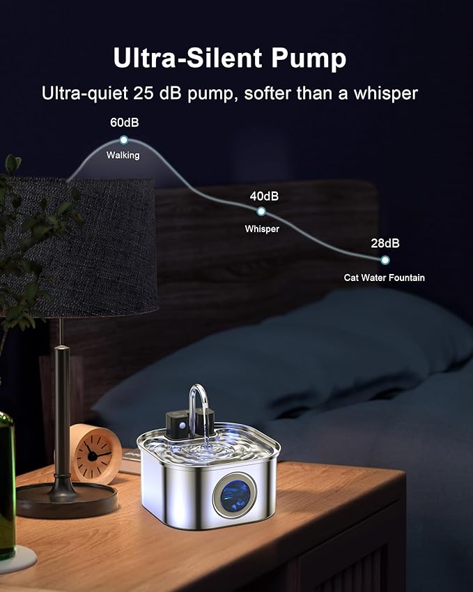 Stainless Steel Cat Water Fountain,108 oz/3.2 L Automatic Wireless Pet Water Fountain,Battery Operated Wireless Cat Fountain