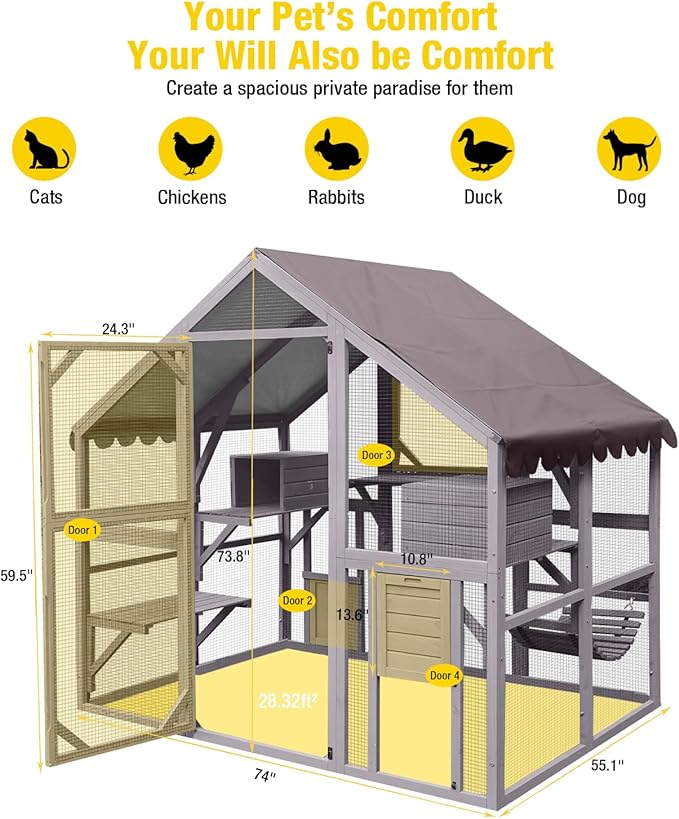 Aivituvin Catio Outdoor Cat Enclosure Large for Multiple Cats Wooden Cat House Outside Kitty Condon Cat Run Weatherproof