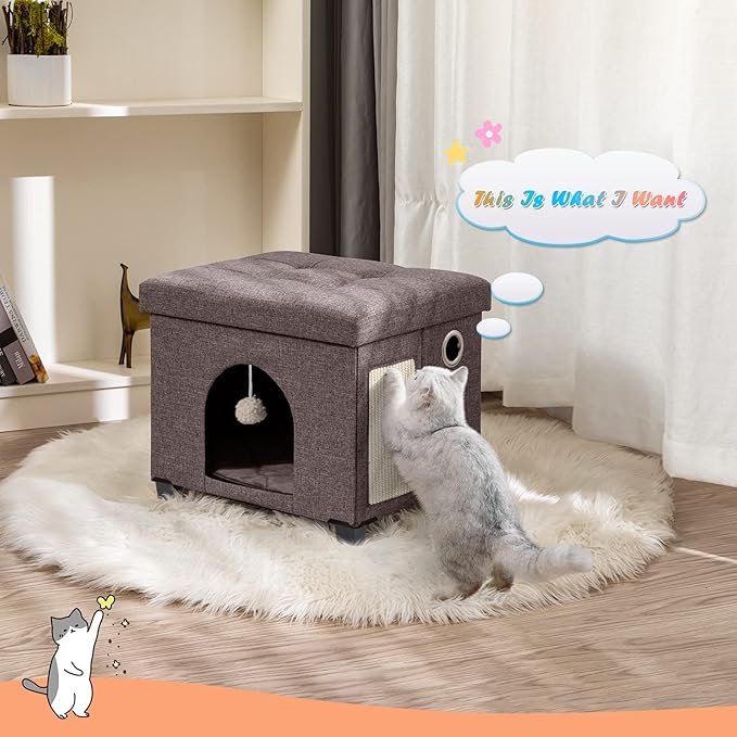 BRIAN & DANY Foldable Cat House for Indoor Cats, Large Cat Cube for Pet Cave with Scratch Board & Ball, 14.7" x 14.1” x 12.7”, Brown