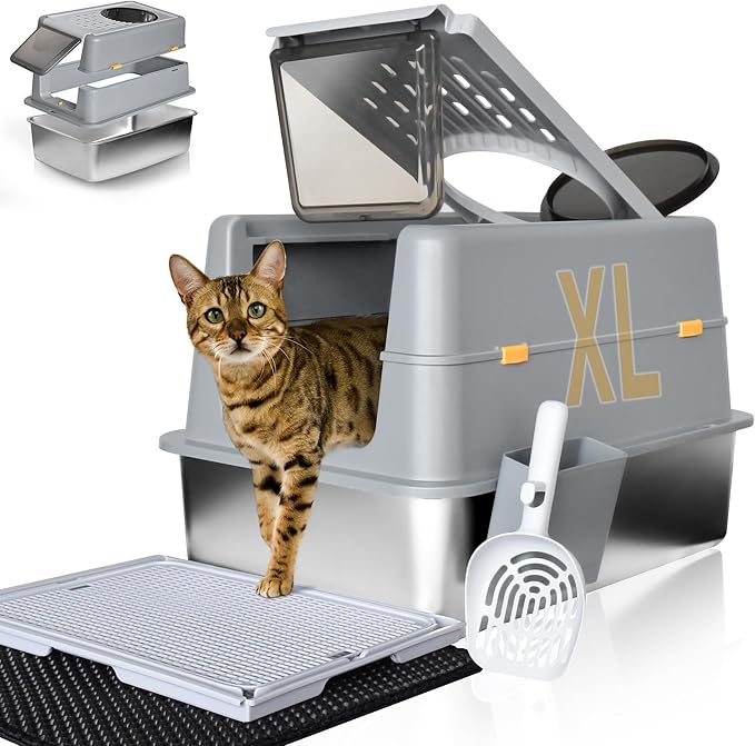 Stainless Steel Litter Box with Lid, XL Extra Large Metal Cat Litter Boxes for Big Cats Enclosed, Easy to Scoop with Litter Scoop Set, High Sides Enclosure Anti-Urine Leakage Non-Sticky, Grey