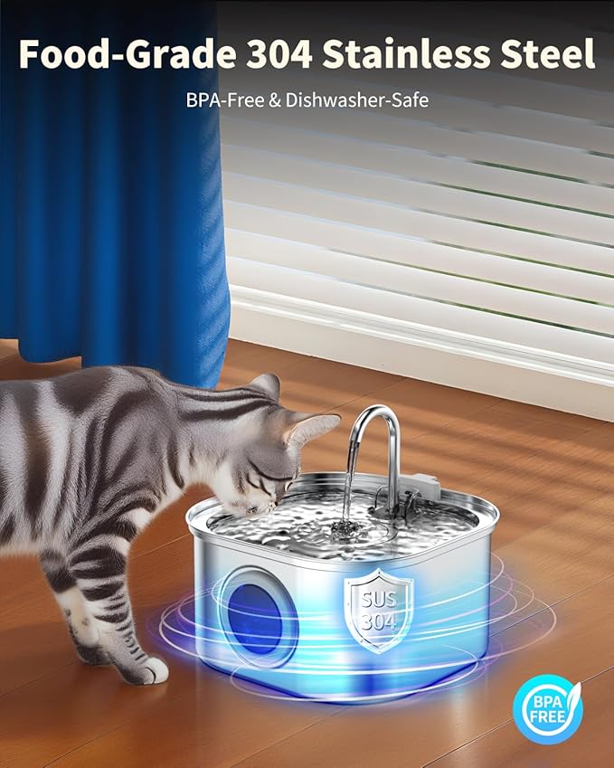 Cat Water Fountain Stainless Steel, 108oz/3.2L Automatic Pet Water Dispenser with 5V Quiet Pump, Triple Filtration, Visible Water Level Window, for Cats, Dogs, Multi-Pet Homes