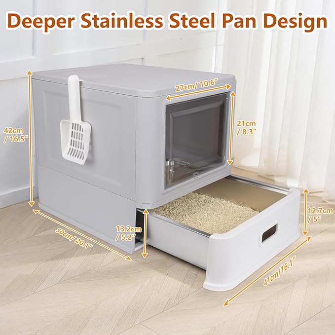 Enclosed Stainless Steel Cat Litter Boxes,Large Foldable Litter Box with Lid,Hooded Covered Stainless Steel Cat Litter Box,Easy Cleaning,No Urine Leakage,Deeper Pan