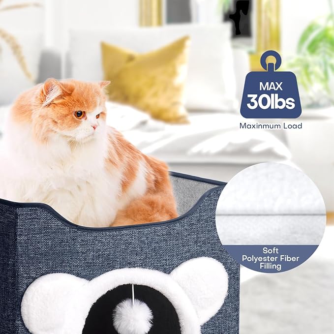 Cat Beds for Indoor Cats, Large Cat House Foldable Cat Cave with Scratch Pad and Hanging Fluffy Ball, Reversible Cushion Hideaway for Pet Cats, 16.5x16.5x13.2 inches, Dark Blue