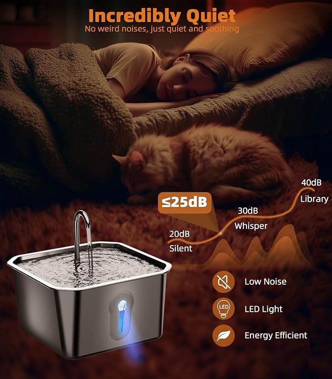 Cat Water Fountain Stainless Steel 135oz/4L Pet Water Fountain for Cats Indoor with 8 Filters Pets Dog Small Animal Automatic Dog Water Dispenser with 4 Filters 4 Sponge Quiet