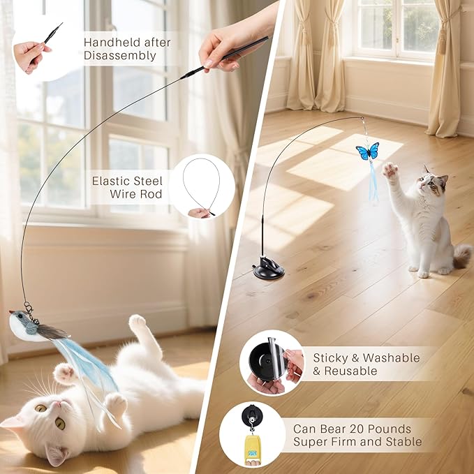 HONGDDY Interactive Bird Simulation Cat Toys，4 in 1 Cat Toys for Indoor Cats, 4 Replacement Birds，Hanging Door Kitten Wand with Suction Cup Removable Feathers Balls Mice Butterfly Streamers