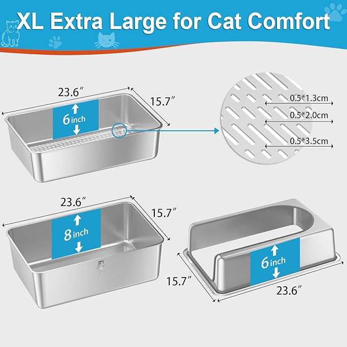 XXL All Stainless Steel Sifting Litter Box with Lid,Sifting Cat Litter Box for Wood Pine Pellets,High Sides Sifter Litter Pan System,Odor Control,Easy to Clean,with Liners and Scoop