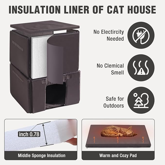 Outdoor Cat House Weatherproof, Heated Feral Cat House with Insulated Liner, 2-Storys Wooden Stray Cat Shelter for Winter