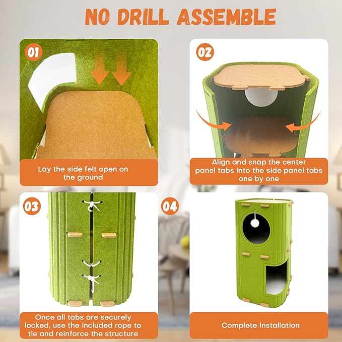 Homegroove Cat House for Indoor Cats, 2-Storey Cozy Felt Cat Bed Cave with Tunnel Hideaway, Large Multi-Cat Condo for Rest & Play (Green, Large)