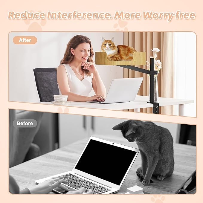 Cat Desk Bed – Cat Bed for Indoor Cats with Adjustable Height&360° Rotation, Elevated Desk Nest Cats Beds for Table, Desktop Cat's Hammock for Small Space, Wooden Cat's Bed Desktop Kitten Furniture