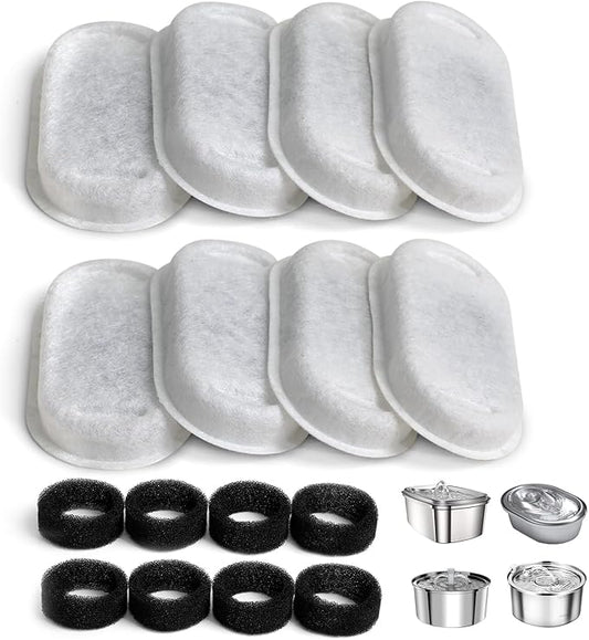 Cat Water Fountain Filter Compatible with Stainless Steel Dispenser, Efficient Filtration with Coconut Shell Activated Carbon and Fresh Water (8 Filters+8 Sponges)