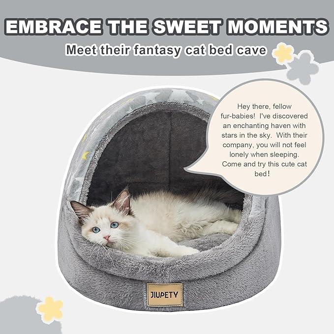 Jiupety Cute Cat Beds for Indoor Cats, Cat Cave Bed for Kittens, Large Cat Cave and Covered Cat Bed with Anti-Slip Bottom, Washable Removable Cushion, M(16"x16"x13"), Gray Star