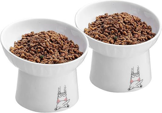OMAYKEY 6.5 Inch Extra Wide Ceramic Raised Cat Bowls, Porcelain Tilted Elevated Cat Food Water Bowl Dish, Stress Free Pet Feeder Bowls Dishes for Elder Big Cats & Small Dogs, White - 2 Pack